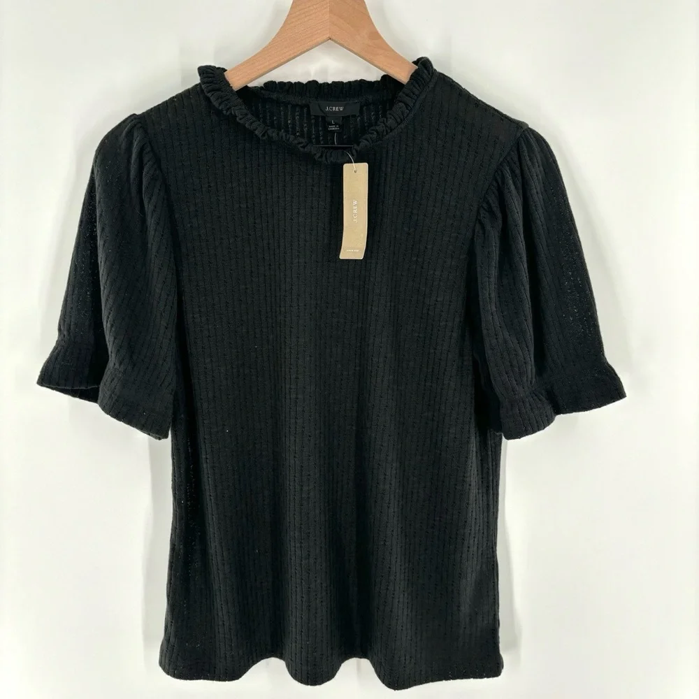 New! J. Crew Pointelle Puff Sleeve‎ Top in Black Size Large